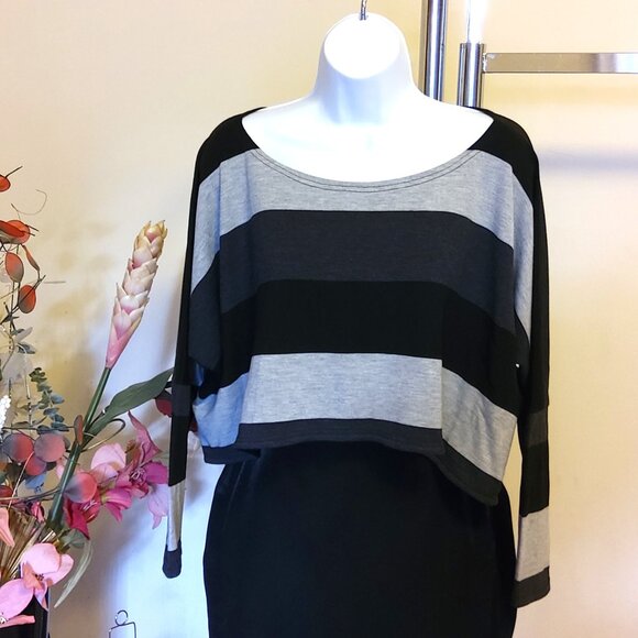 NWOT Tara Vao Women’s Scoop Neck Gray Black Short Knit Sweater Batwing Sleeve - Picture 4 of 7